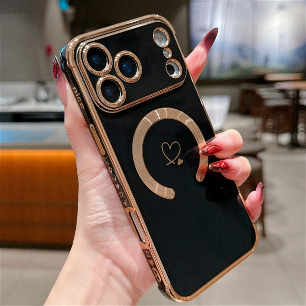 For iPhone 17 Pro Max Case Compatible with MagSafe Electroplated TPU Phone Cover Hollow Love Hearts - Black
