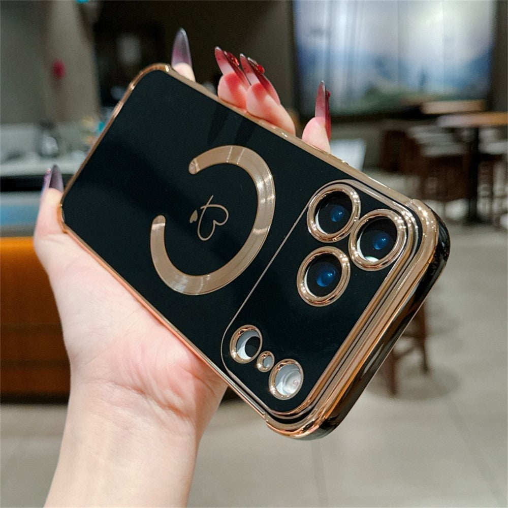 For iPhone 17 Pro Max Case Compatible with MagSafe Electroplated TPU Phone Cover Hollow Love Hearts - Black