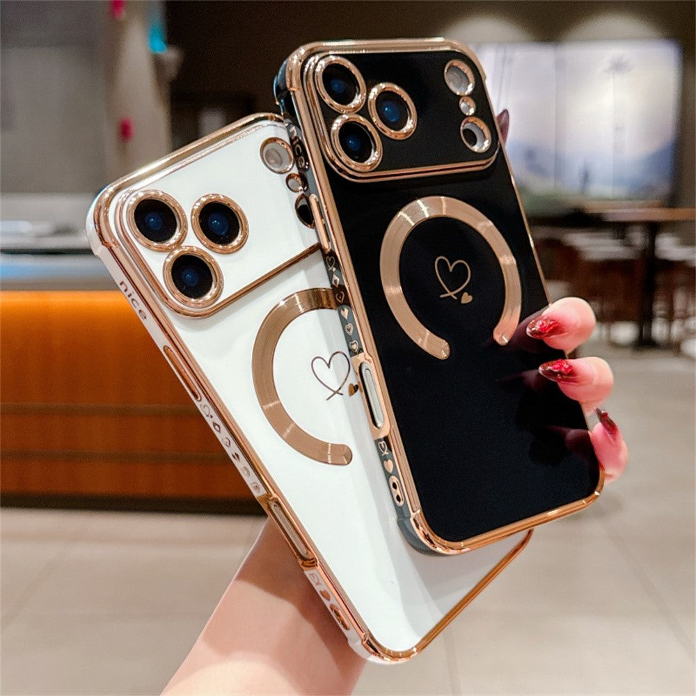 For iPhone 17 Pro Max Case Compatible with MagSafe Electroplated TPU Phone Cover Hollow Love Hearts - Black