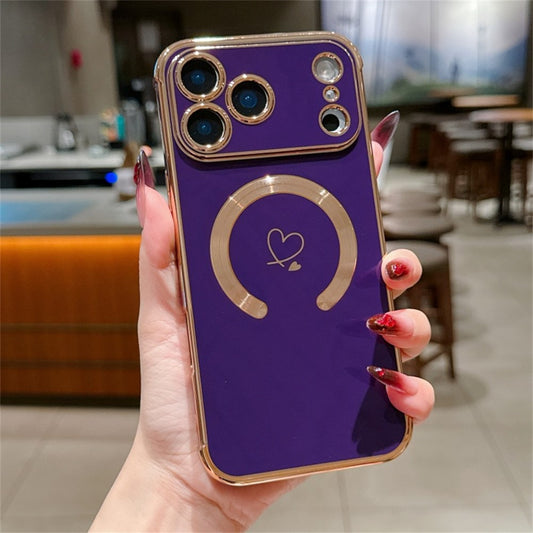 For iPhone 17 Pro Max Case Compatible with MagSafe Electroplated TPU Phone Cover Hollow Love Hearts - Dark Purple