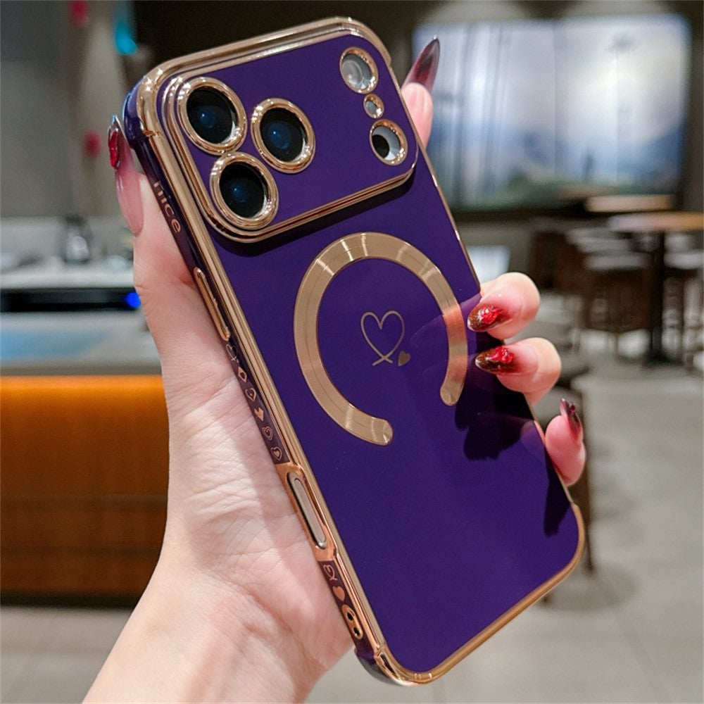 For iPhone 17 Pro Max Case Compatible with MagSafe Electroplated TPU Phone Cover Hollow Love Hearts - Dark Purple