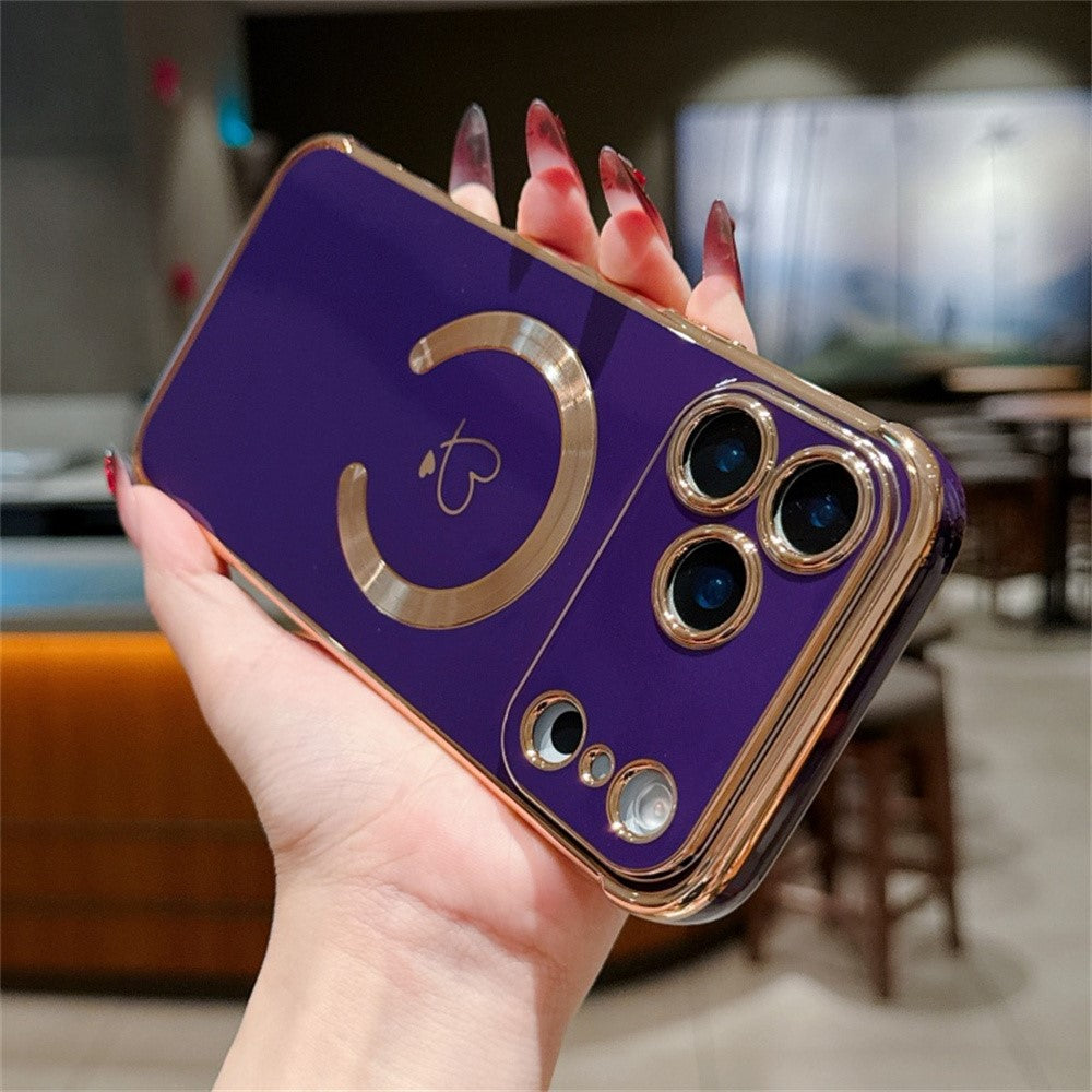 For iPhone 17 Pro Max Case Compatible with MagSafe Electroplated TPU Phone Cover Hollow Love Hearts - Dark Purple