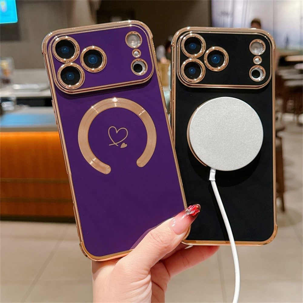 For iPhone 17 Pro Max Case Compatible with MagSafe Electroplated TPU Phone Cover Hollow Love Hearts - Dark Purple