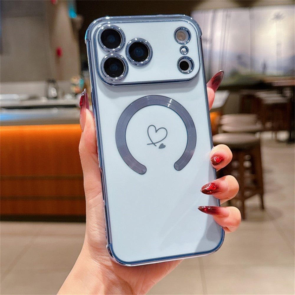 For iPhone 17 Pro Max Case Compatible with MagSafe Electroplated TPU Phone Cover Hollow Love Hearts - Blue