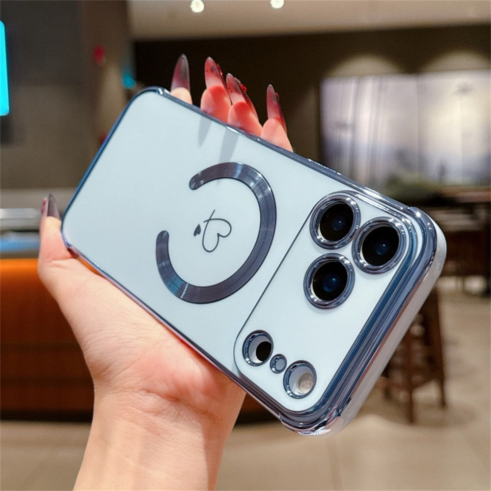 For iPhone 17 Pro Max Case Compatible with MagSafe Electroplated TPU Phone Cover Hollow Love Hearts - Blue