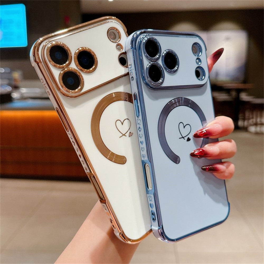 For iPhone 17 Pro Max Case Compatible with MagSafe Electroplated TPU Phone Cover Hollow Love Hearts - Blue
