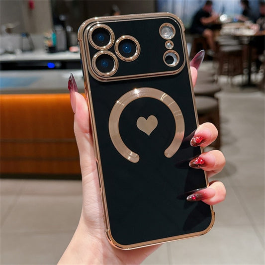 For iPhone 17 Pro Max Magnetic Case Electroplating Soft TPU Cover with Cute Love Heart - Black