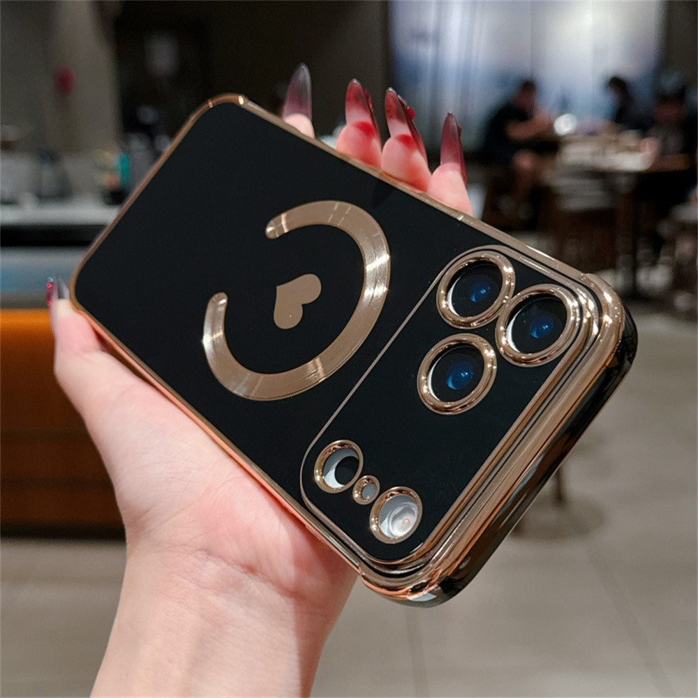 For iPhone 17 Pro Max Magnetic Case Electroplating Soft TPU Cover with Cute Love Heart - Black
