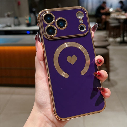 For iPhone 17 Pro Max Magnetic Case Electroplating Soft TPU Cover with Cute Love Heart - Dark Purple