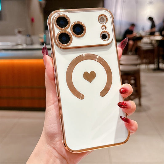 For iPhone 17 Pro Max Magnetic Case Electroplating Soft TPU Cover with Cute Love Heart - Ivory White