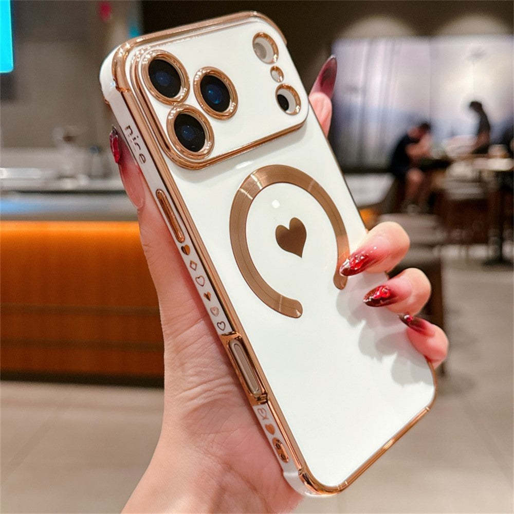 For iPhone 17 Pro Max Magnetic Case Electroplating Soft TPU Cover with Cute Love Heart - Ivory White