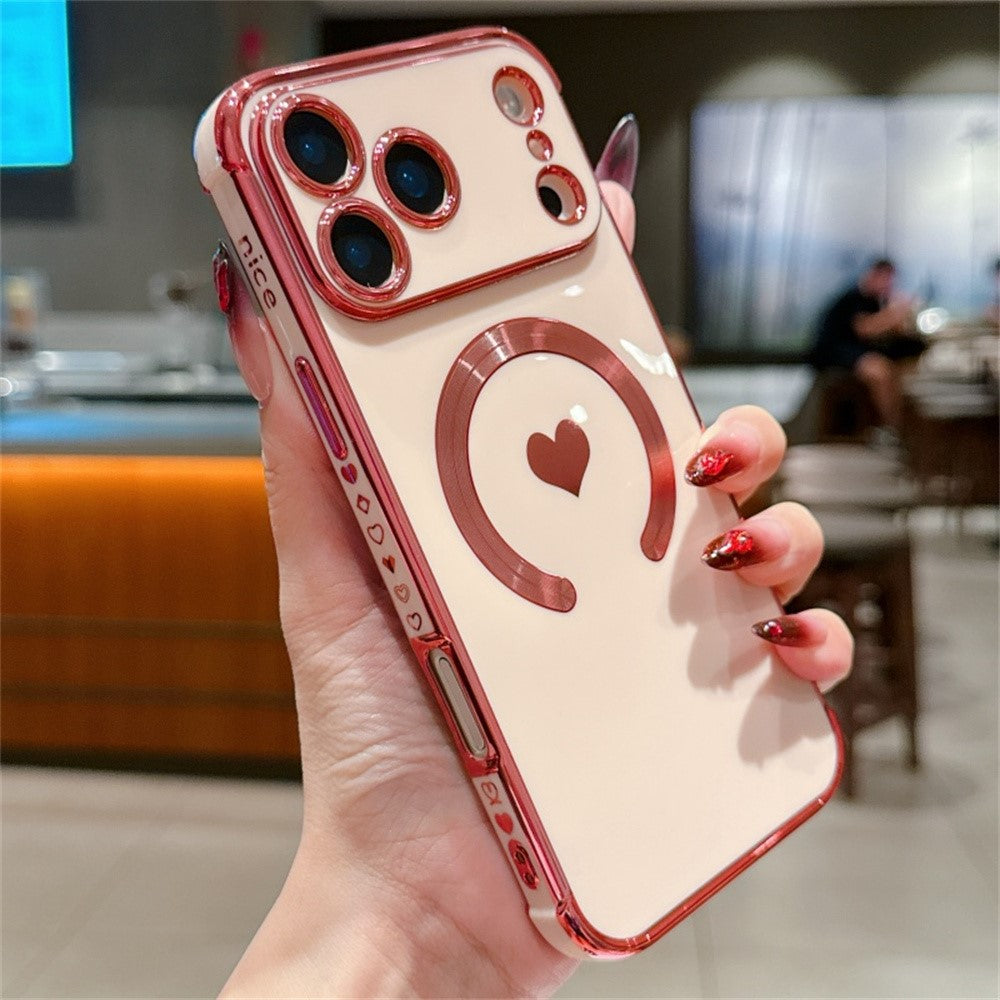 For iPhone 17 Pro Max Magnetic Case Electroplating Soft TPU Cover with Cute Love Heart - Rose Pink