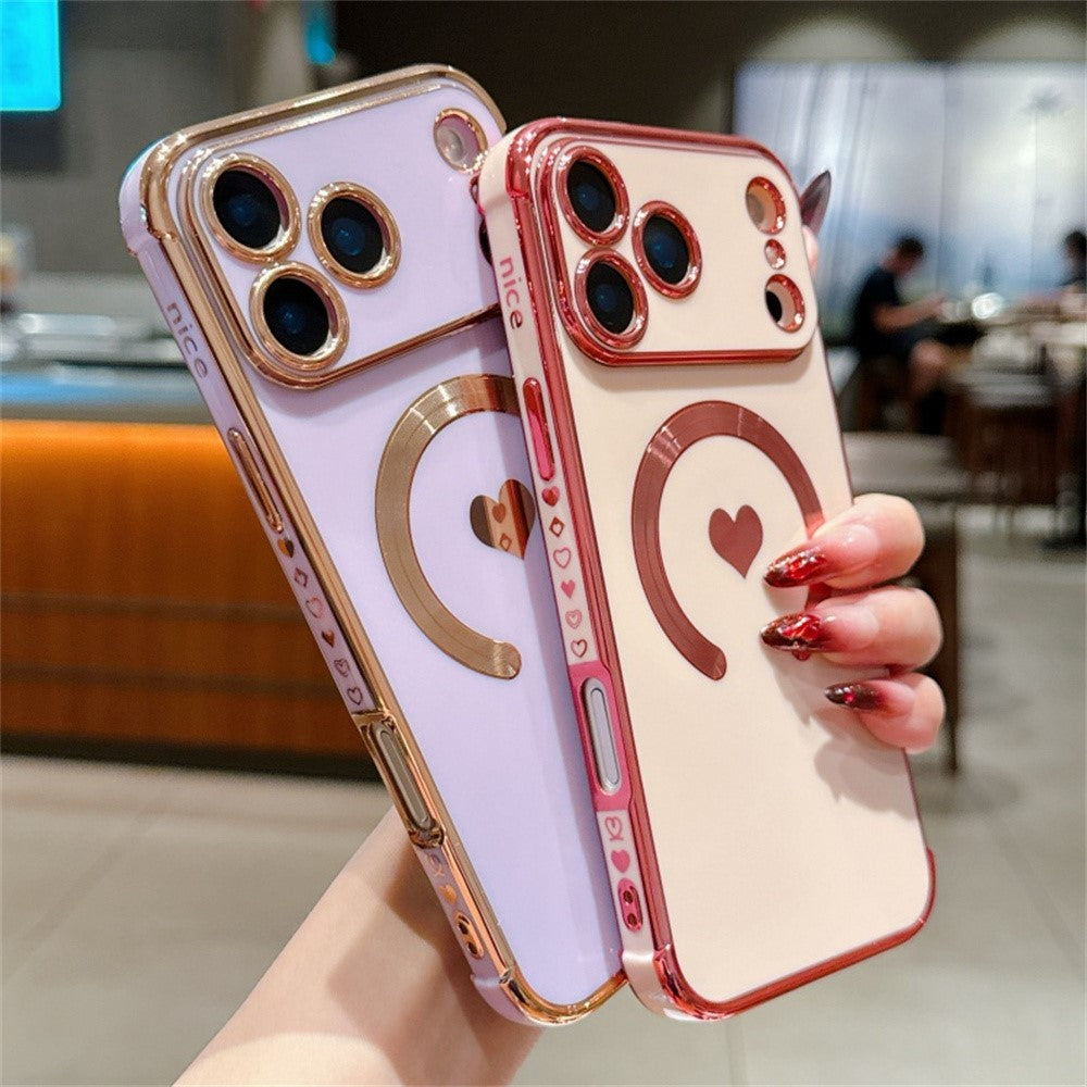 For iPhone 17 Pro Max Magnetic Case Electroplating Soft TPU Cover with Cute Love Heart - Rose Pink