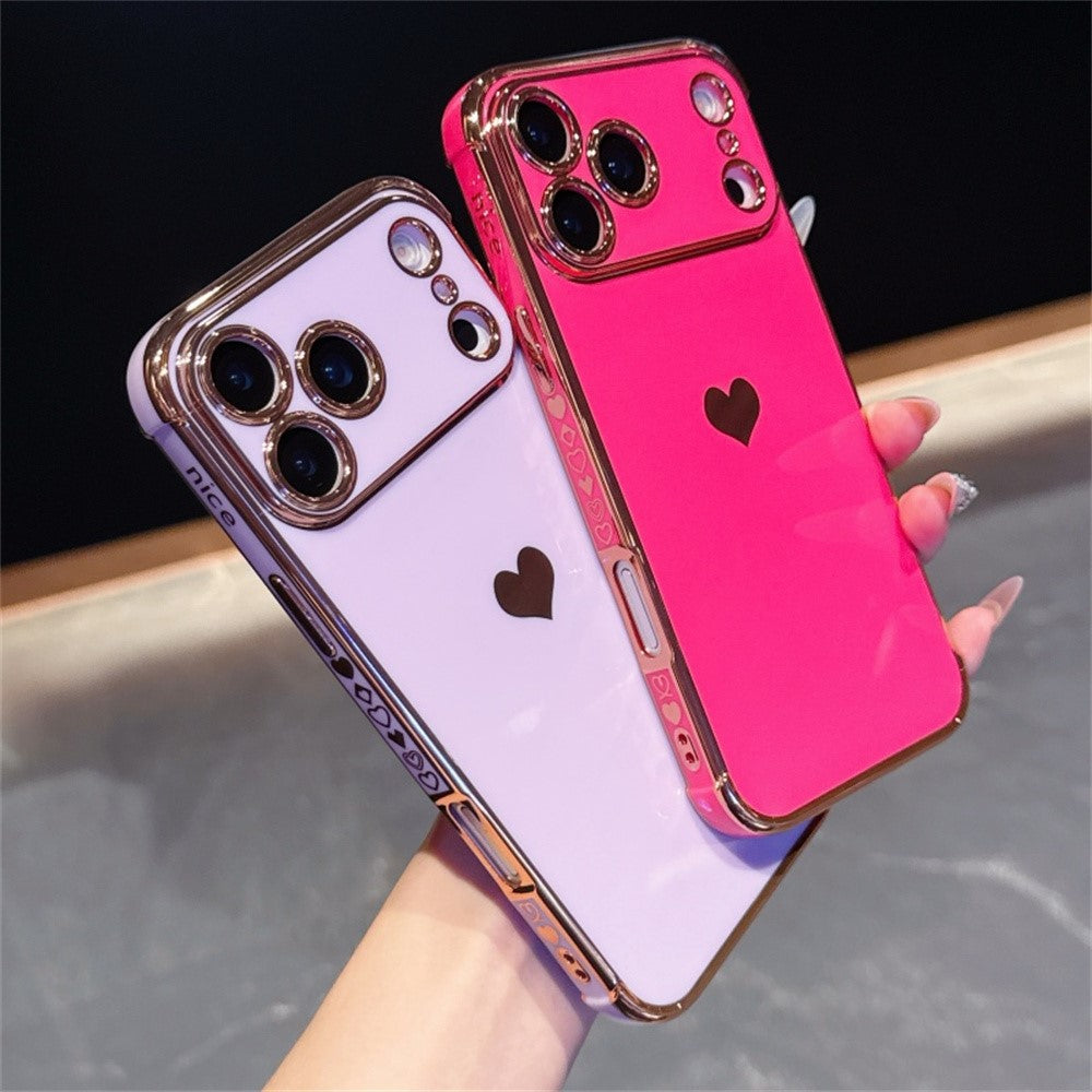 For iPhone 17 Pro Max Case TPU Phone Back Cover Electroplating Heart Pattern - Rose