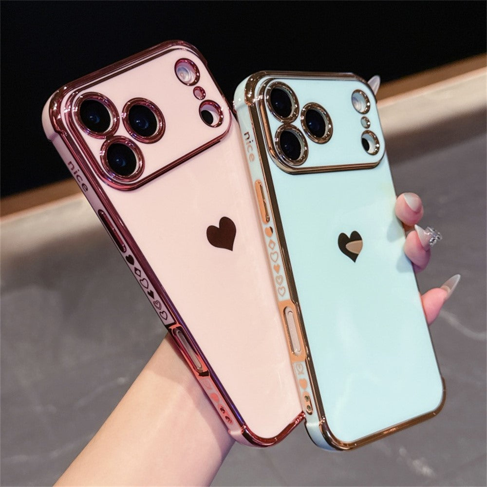 For iPhone 17 Pro Max Case TPU Phone Back Cover Electroplating Heart Pattern - Rose Pink