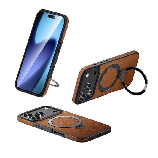 For iPhone 17 Pro Max Case Compatible with MagSafe Genuine Cow Leather+PC Kickstand Phone Cover - Brown