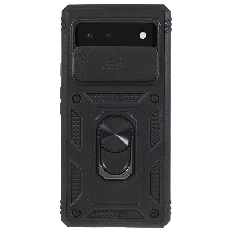 For Google Pixel 6 PC+TPU Kickstand Anti-drop Back Cover Sliding Camera Lens Protector Phone Case with Inner Card Holder Function - Black