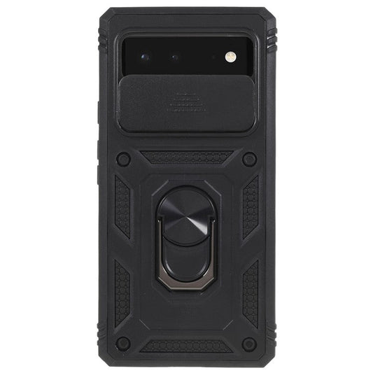 For Google Pixel 6 PC+TPU Kickstand Anti-drop Back Cover Sliding Camera Lens Protector Phone Case with Inner Card Holder Function - Black