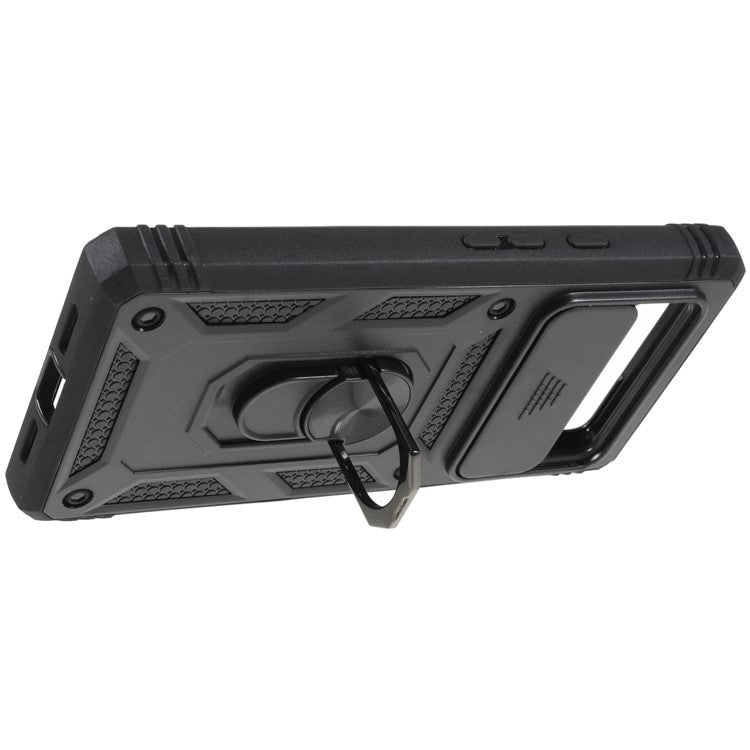 For Google Pixel 6 PC+TPU Kickstand Anti-drop Back Cover Sliding Camera Lens Protector Phone Case with Inner Card Holder Function - Black