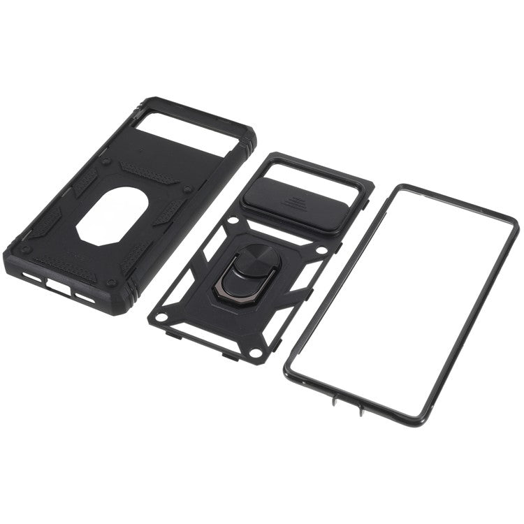 For Google Pixel 6 PC+TPU Kickstand Anti-drop Back Cover Sliding Camera Lens Protector Phone Case with Inner Card Holder Function - Black