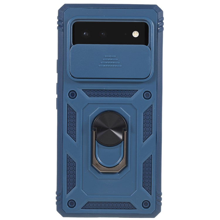 For Google Pixel 6 PC+TPU Kickstand Anti-drop Back Cover Sliding Camera Lens Protector Phone Case with Inner Card Holder Function - Blue