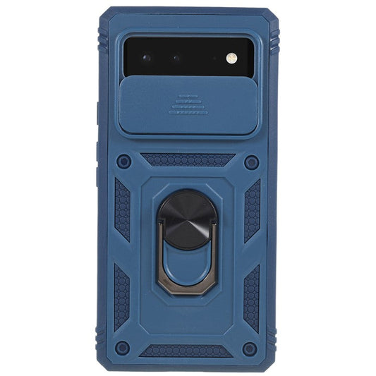 For Google Pixel 6 PC+TPU Kickstand Anti-drop Back Cover Sliding Camera Lens Protector Phone Case with Inner Card Holder Function - Blue