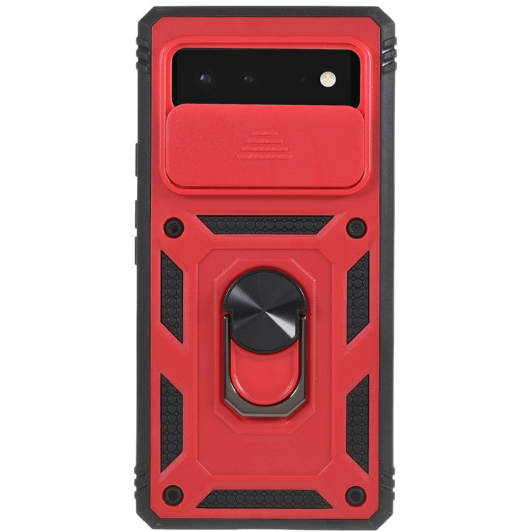 For Google Pixel 6 PC+TPU Kickstand Anti-drop Back Cover Sliding Camera Lens Protector Phone Case with Inner Card Holder Function - Red / Black