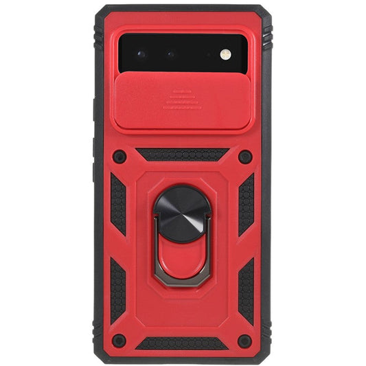 For Google Pixel 6 PC+TPU Kickstand Anti-drop Back Cover Sliding Camera Lens Protector Phone Case with Inner Card Holder Function - Red / Black