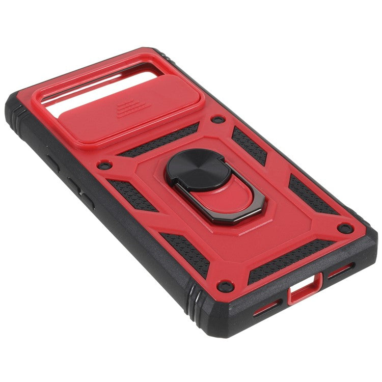 For Google Pixel 6 PC+TPU Kickstand Anti-drop Back Cover Sliding Camera Lens Protector Phone Case with Inner Card Holder Function - Red / Black