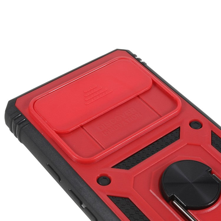 For Google Pixel 6 PC+TPU Kickstand Anti-drop Back Cover Sliding Camera Lens Protector Phone Case with Inner Card Holder Function - Red / Black
