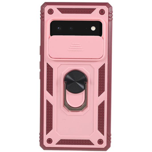For Google Pixel 6 PC+TPU Kickstand Anti-drop Back Cover Sliding Camera Lens Protector Phone Case with Inner Card Holder Function - Pink / Dark Red