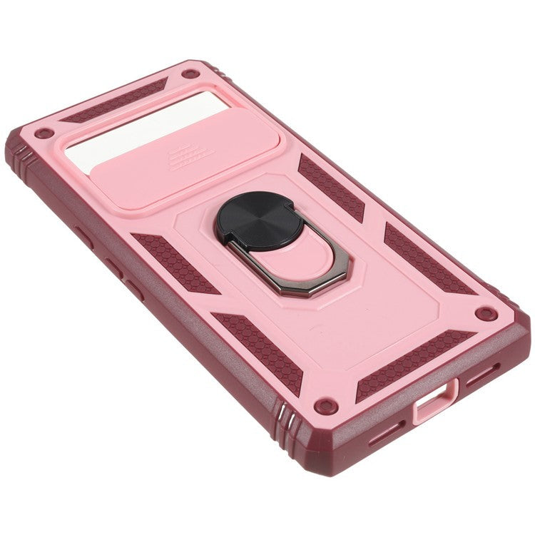 For Google Pixel 6 PC+TPU Kickstand Anti-drop Back Cover Sliding Camera Lens Protector Phone Case with Inner Card Holder Function - Pink / Dark Red