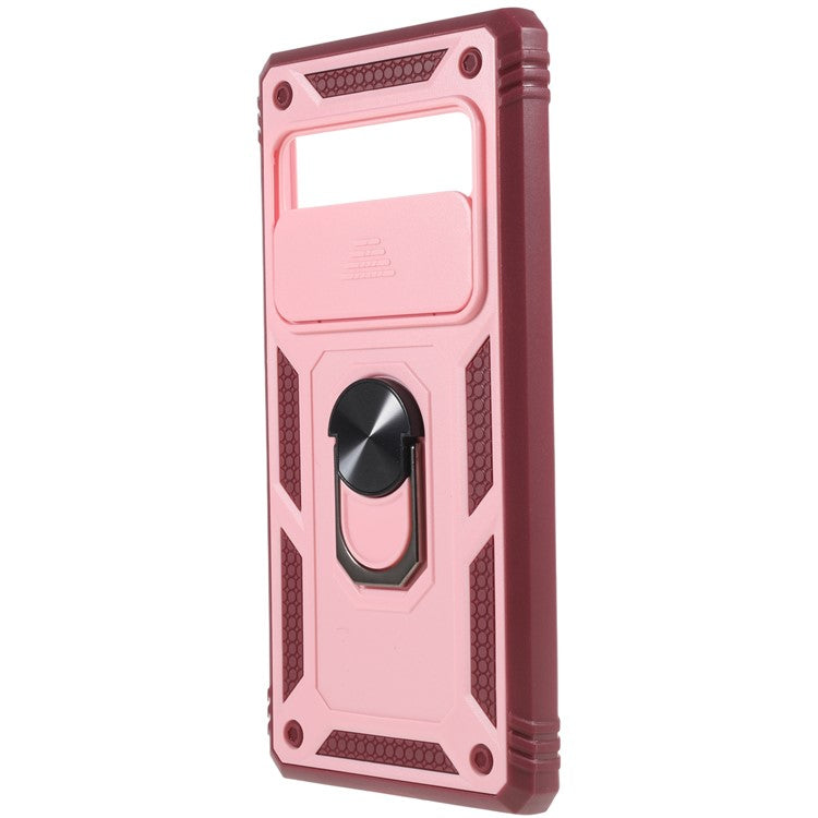 For Google Pixel 6 PC+TPU Kickstand Anti-drop Back Cover Sliding Camera Lens Protector Phone Case with Inner Card Holder Function - Pink / Dark Red
