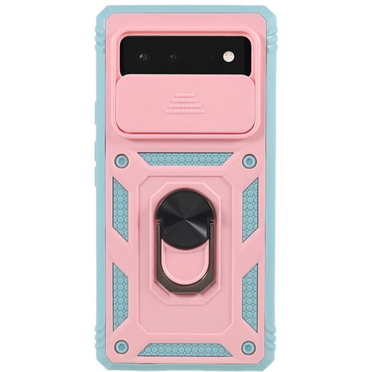For Google Pixel 6 PC+TPU Kickstand Anti-drop Back Cover Sliding Camera Lens Protector Phone Case with Inner Card Holder Function - Pink / Green