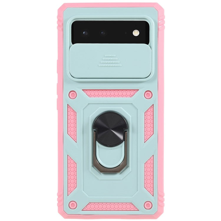For Google Pixel 6 PC+TPU Kickstand Anti-drop Back Cover Sliding Camera Lens Protector Phone Case with Inner Card Holder Function - Green / Pink