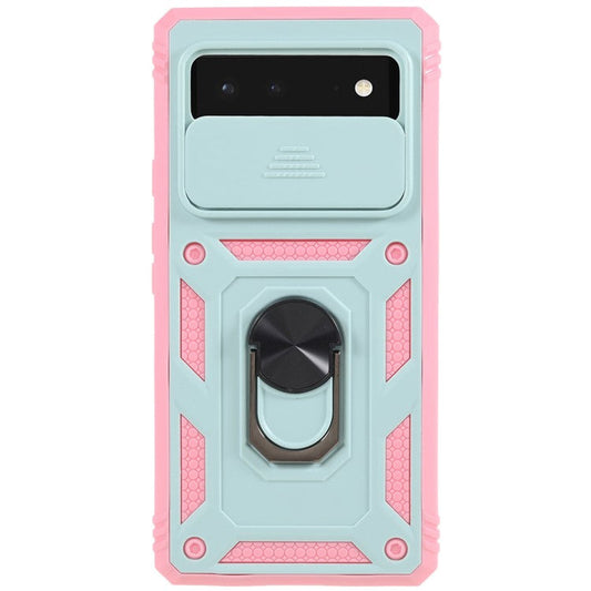 For Google Pixel 6 PC+TPU Kickstand Anti-drop Back Cover Sliding Camera Lens Protector Phone Case with Inner Card Holder Function - Green / Pink