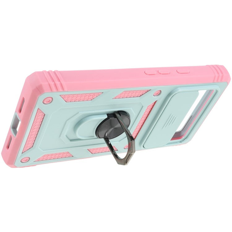 For Google Pixel 6 PC+TPU Kickstand Anti-drop Back Cover Sliding Camera Lens Protector Phone Case with Inner Card Holder Function - Green / Pink