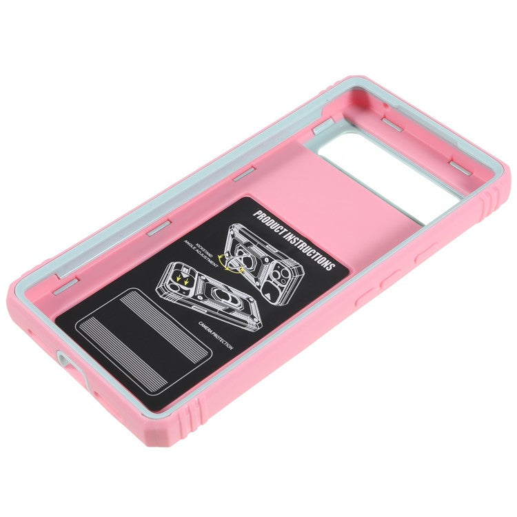 For Google Pixel 6 PC+TPU Kickstand Anti-drop Back Cover Sliding Camera Lens Protector Phone Case with Inner Card Holder Function - Green / Pink