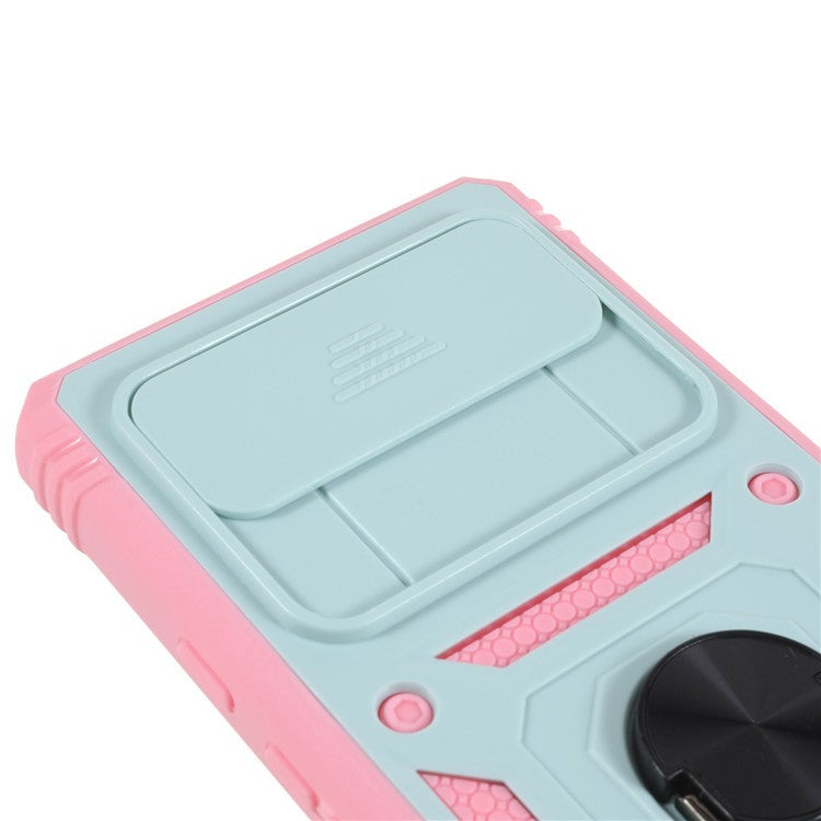 For Google Pixel 6 PC+TPU Kickstand Anti-drop Back Cover Sliding Camera Lens Protector Phone Case with Inner Card Holder Function - Green / Pink