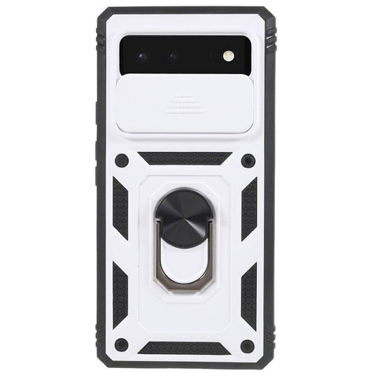 For Google Pixel 6 PC+TPU Kickstand Anti-drop Back Cover Sliding Camera Lens Protector Phone Case with Inner Card Holder Function - Black / White