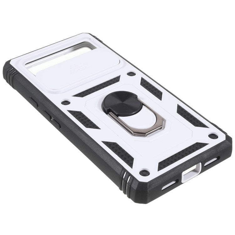 For Google Pixel 6 PC+TPU Kickstand Anti-drop Back Cover Sliding Camera Lens Protector Phone Case with Inner Card Holder Function - Black / White