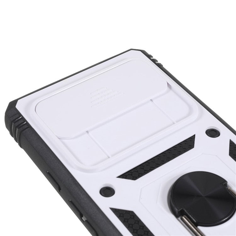 For Google Pixel 6 PC+TPU Kickstand Anti-drop Back Cover Sliding Camera Lens Protector Phone Case with Inner Card Holder Function - Black / White
