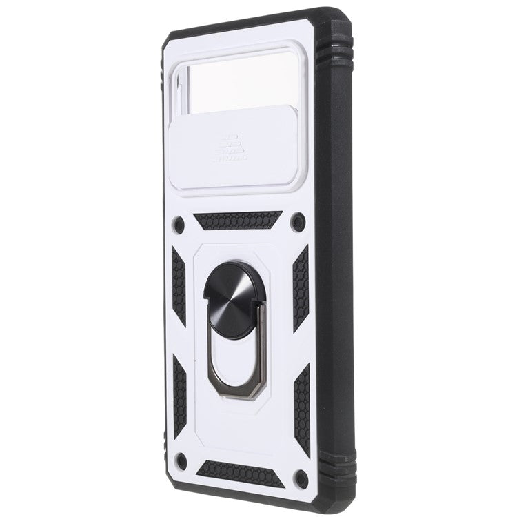 For Google Pixel 6 PC+TPU Kickstand Anti-drop Back Cover Sliding Camera Lens Protector Phone Case with Inner Card Holder Function - Black / White