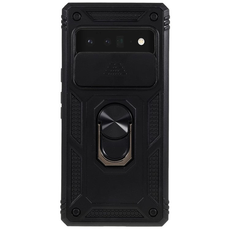 For Google Pixel 6 Pro 5G Ring Kickstand Back Cover Sliding Camera Lens Protector PC+TPU Anti-scratch Phone Case with Inner Card Holder Function - Black