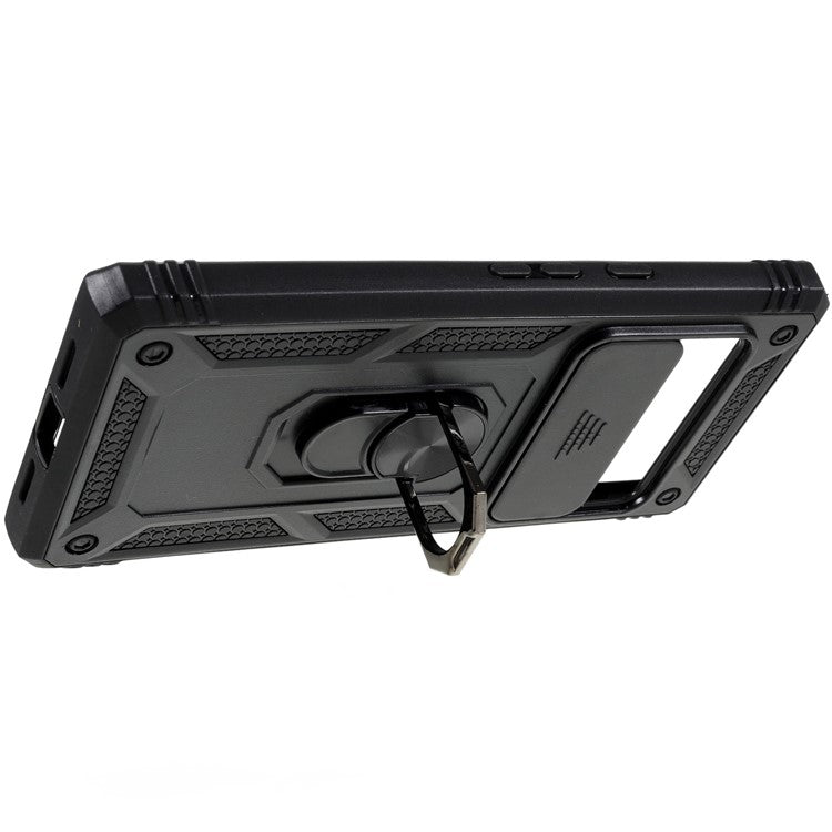 For Google Pixel 6 Pro 5G Ring Kickstand Back Cover Sliding Camera Lens Protector PC+TPU Anti-scratch Phone Case with Inner Card Holder Function - Black