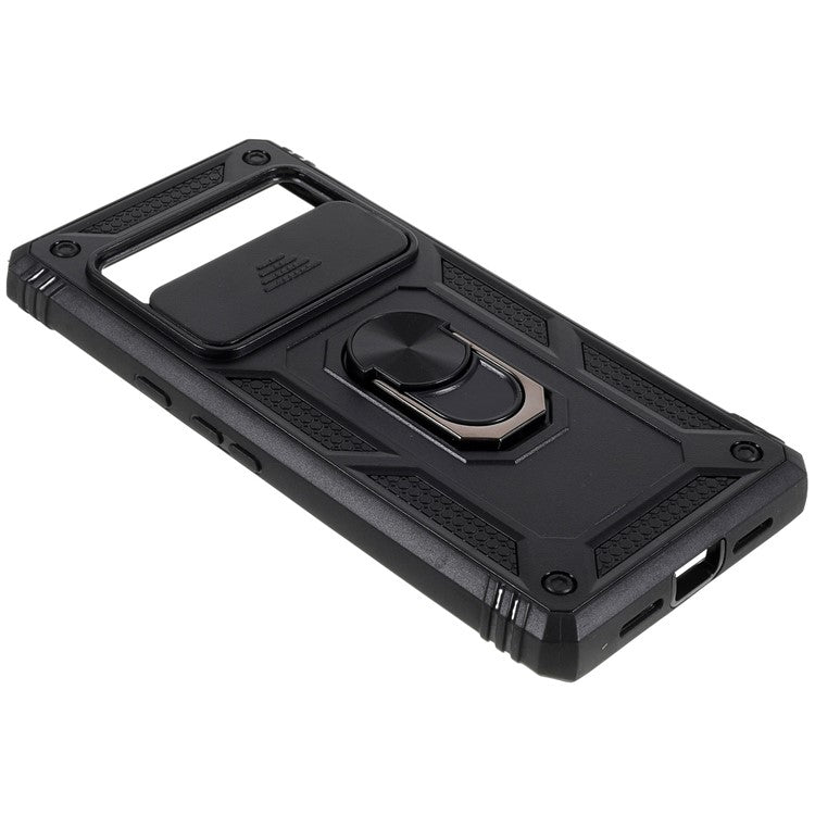 For Google Pixel 6 Pro 5G Ring Kickstand Back Cover Sliding Camera Lens Protector PC+TPU Anti-scratch Phone Case with Inner Card Holder Function - Black