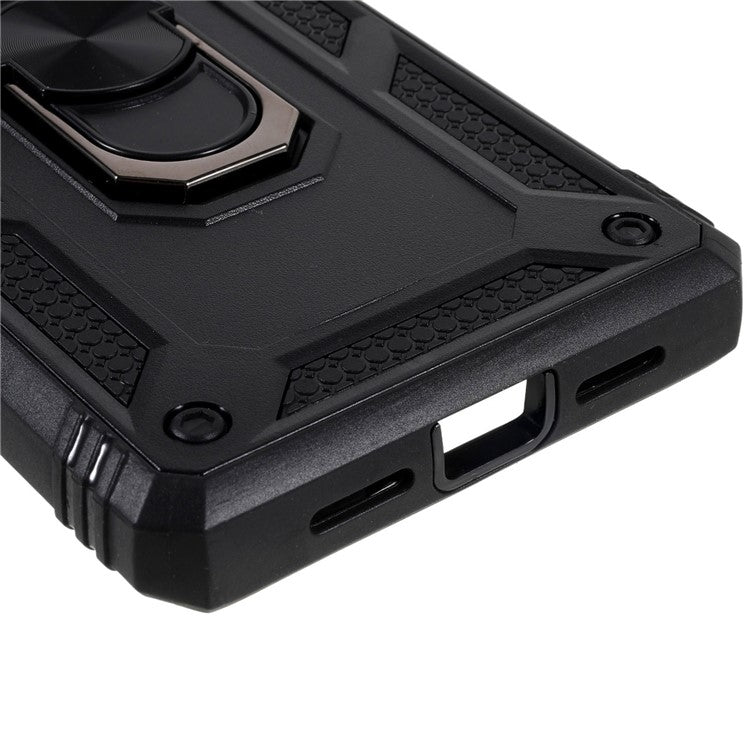 For Google Pixel 6 Pro 5G Ring Kickstand Back Cover Sliding Camera Lens Protector PC+TPU Anti-scratch Phone Case with Inner Card Holder Function - Black