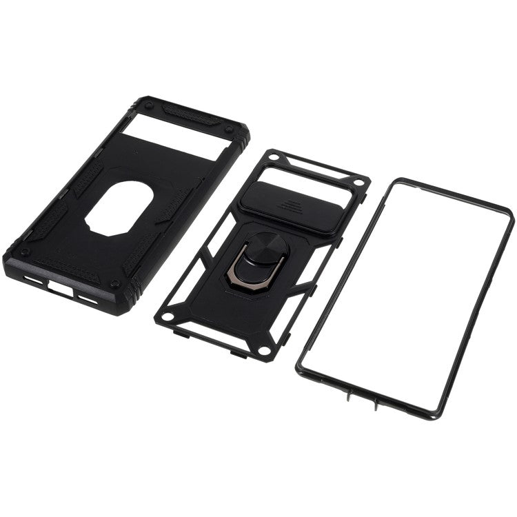 For Google Pixel 6 Pro 5G Ring Kickstand Back Cover Sliding Camera Lens Protector PC+TPU Anti-scratch Phone Case with Inner Card Holder Function - Black