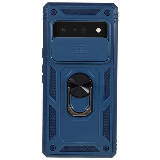 For Google Pixel 6 Pro 5G Ring Kickstand Back Cover Sliding Camera Lens Protector PC+TPU Anti-scratch Phone Case with Inner Card Holder Function - Blue