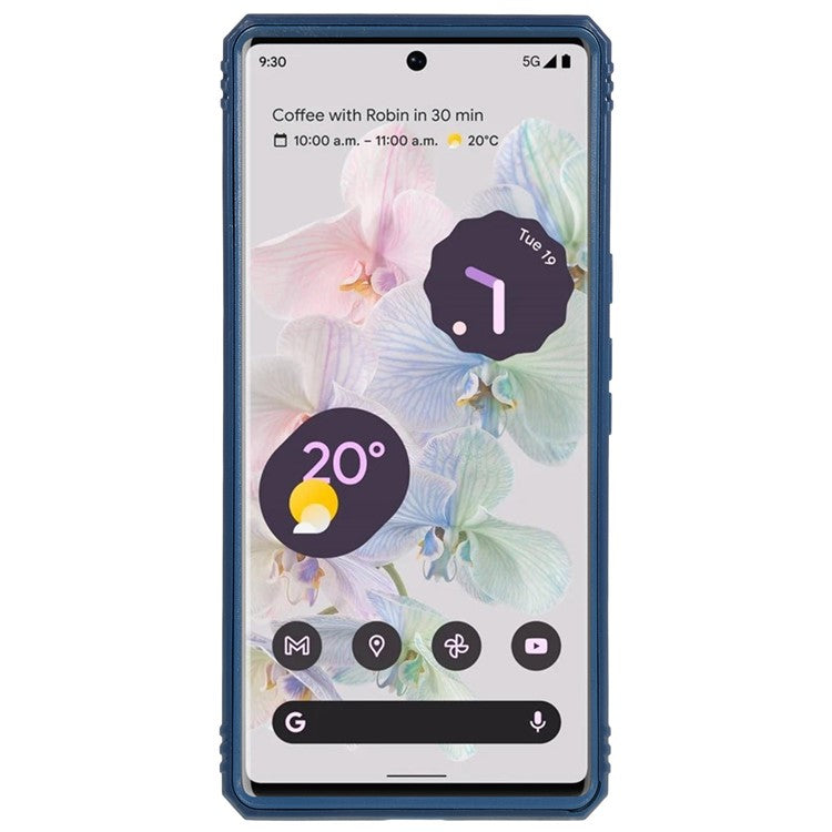 For Google Pixel 6 Pro 5G Ring Kickstand Back Cover Sliding Camera Lens Protector PC+TPU Anti-scratch Phone Case with Inner Card Holder Function - Blue